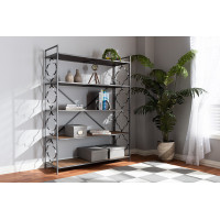 Baxton Studio FJ2A021-Black-Shelf Mirna Industrial Black Iron Metal and Natural Oak Wood 5-Shelf Quatrefoil Accent Bookcase